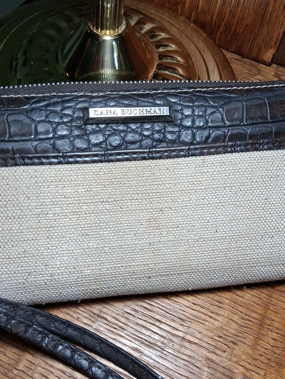 Dana Buchman Croc-Trim Canvas Wristlet in Beige and Dark Brown